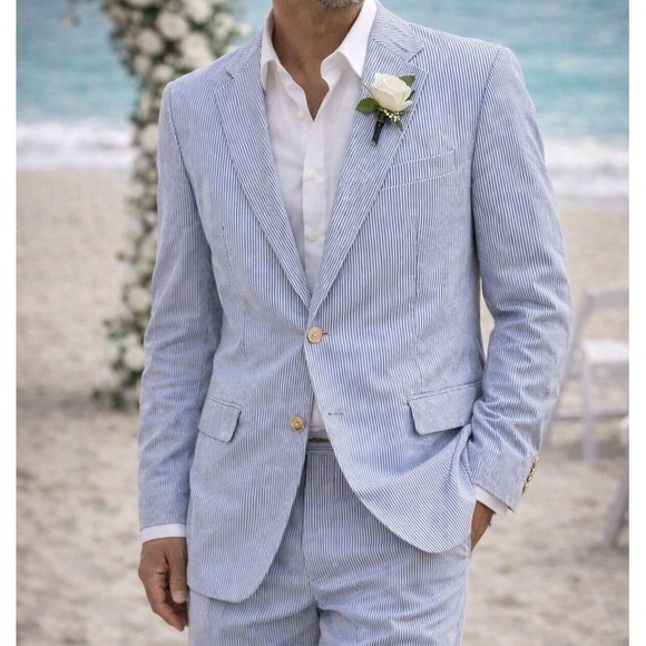 Land's End 2 Piece Blue Striped Suit Wedding Beach Summer Nautical Preppy 46 Reg